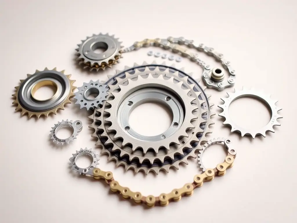 A group of bicycle chains and sprockets are displayed together, showcasing the range of products offered by YHWH Exports Imports.