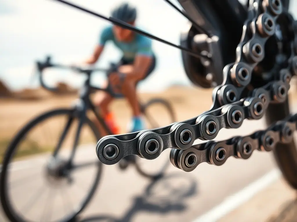 A close-up image of a high-quality bicycle chain showcasing its intricate design and durability, set against a blurred background of a cyclist in motion.