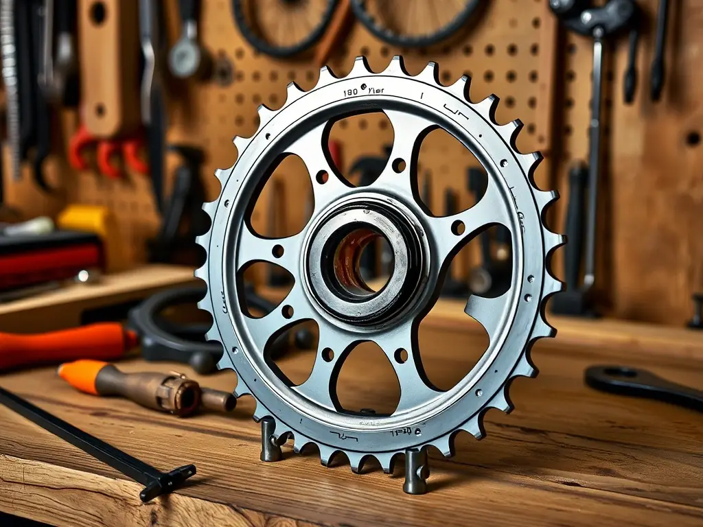 An image of a precision-engineered sprocket, highlighting its robust design and compatibility with different bicycles, displayed on a workbench with tools.